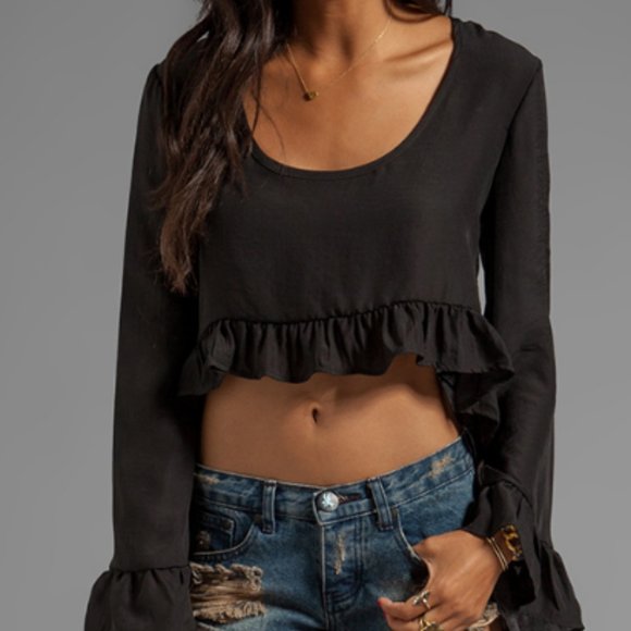 Show Me Your Mumu Horton Ruffle Crop Blouse Black - Picture 3 of 8